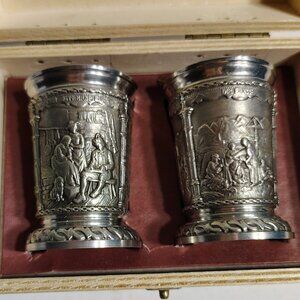 Artina Zinn Shot Glass Cups Embossed Panels Engraving Pewter German Austria Pub